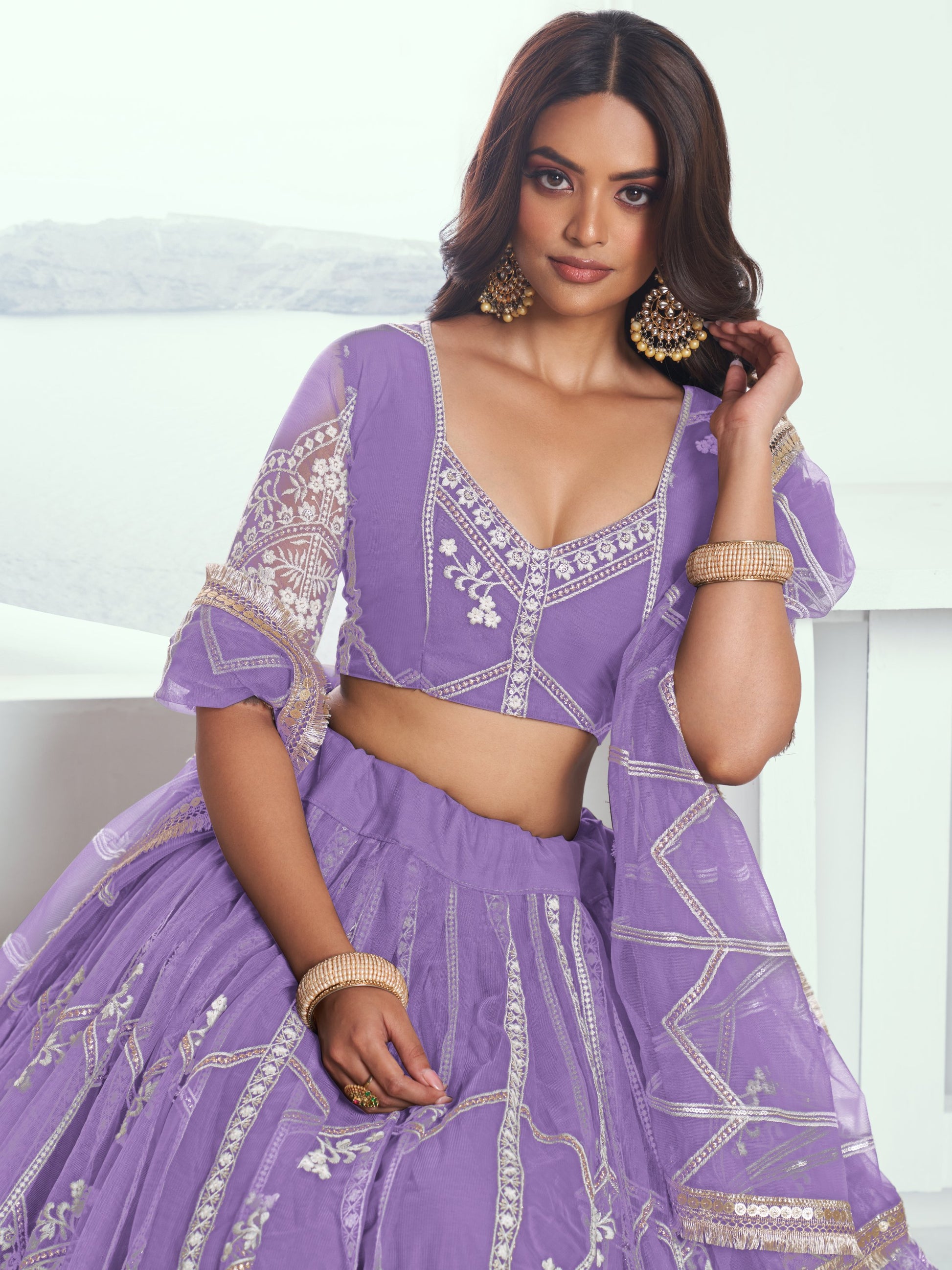 Gorgeous Lavender Thread Work Wedding Wear Lehenga Choli With Dupatta