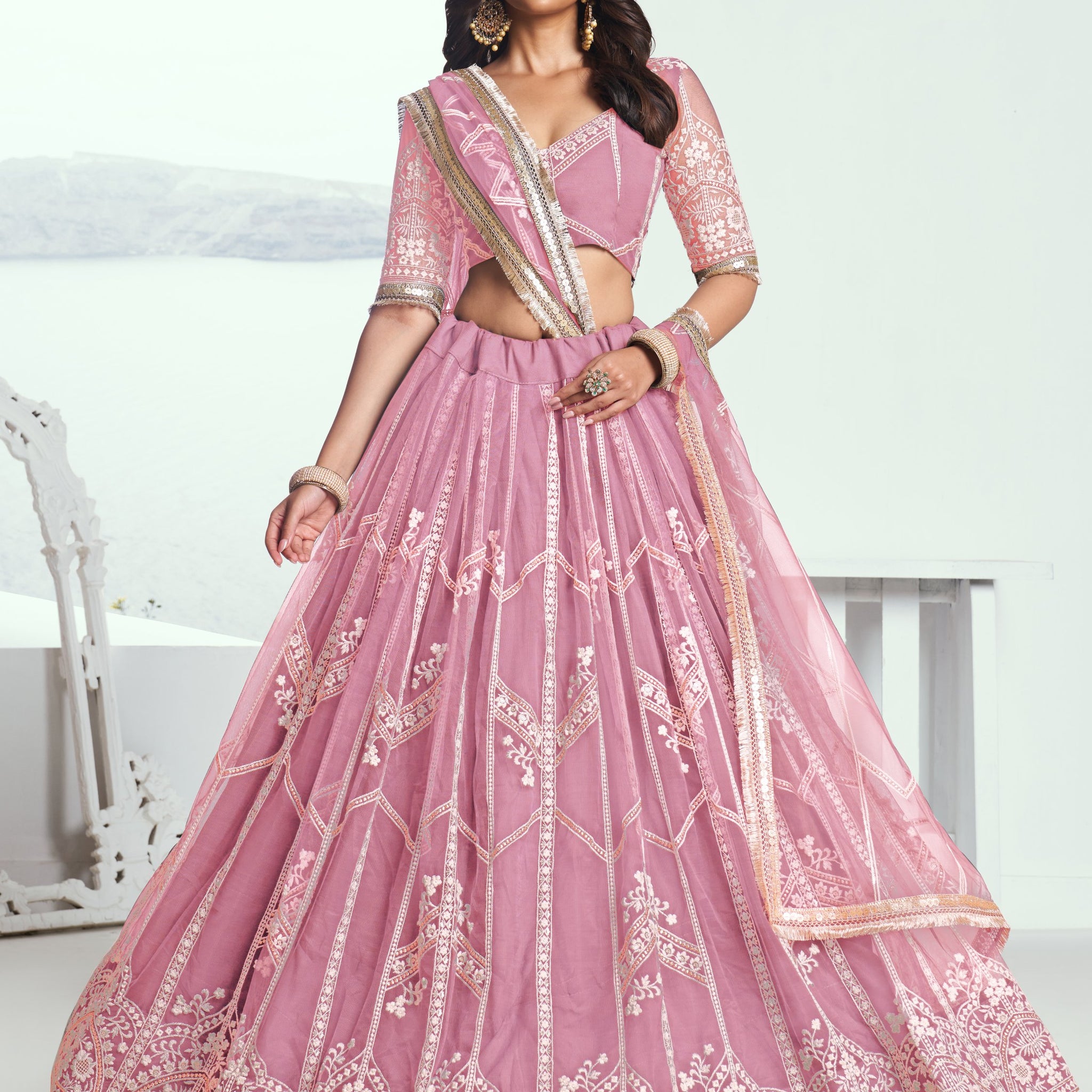Pretty Pink Thread Embroidery Engagement Wear Lehenga Choli