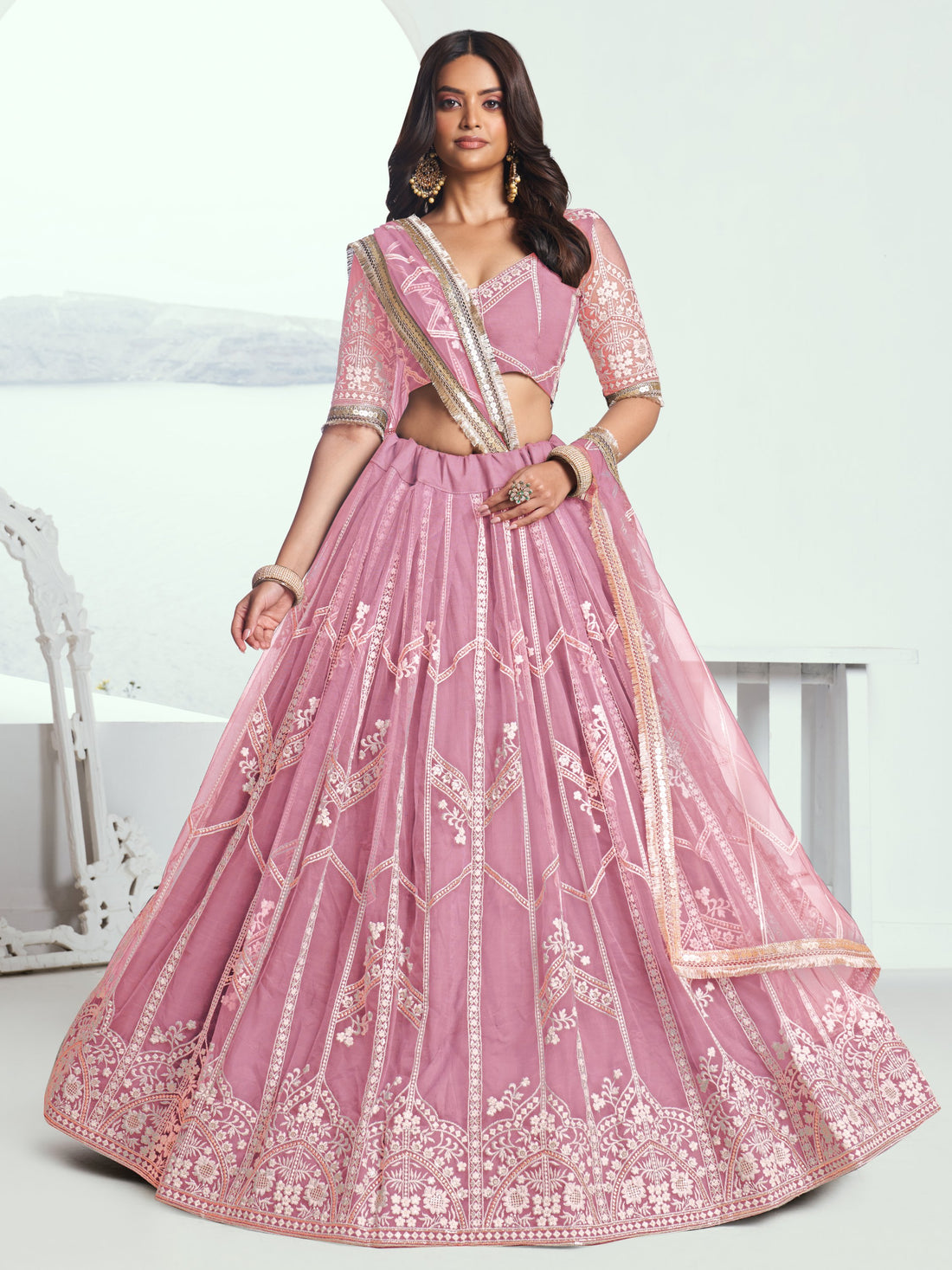 Pretty Pink Thread Embroidery Engagement Wear Lehenga Choli