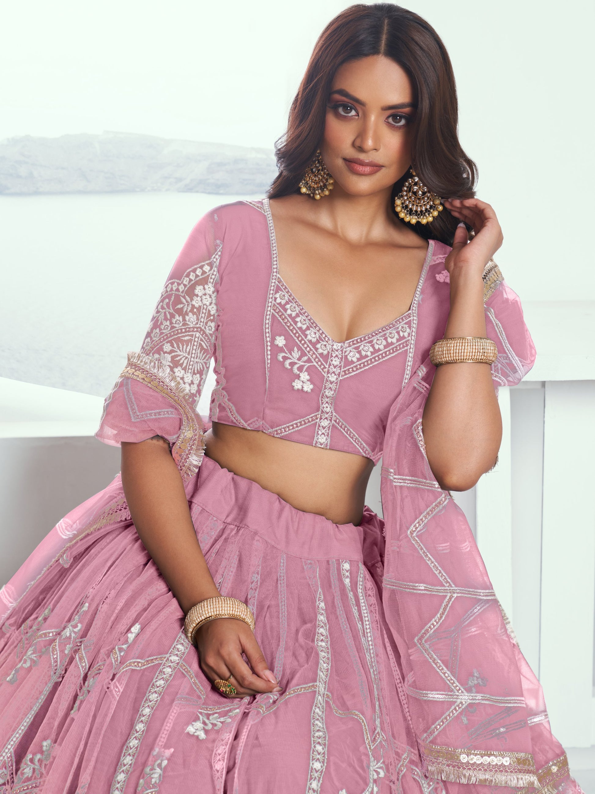 Pretty Pink Thread Embroidery Engagement Wear Lehenga Choli