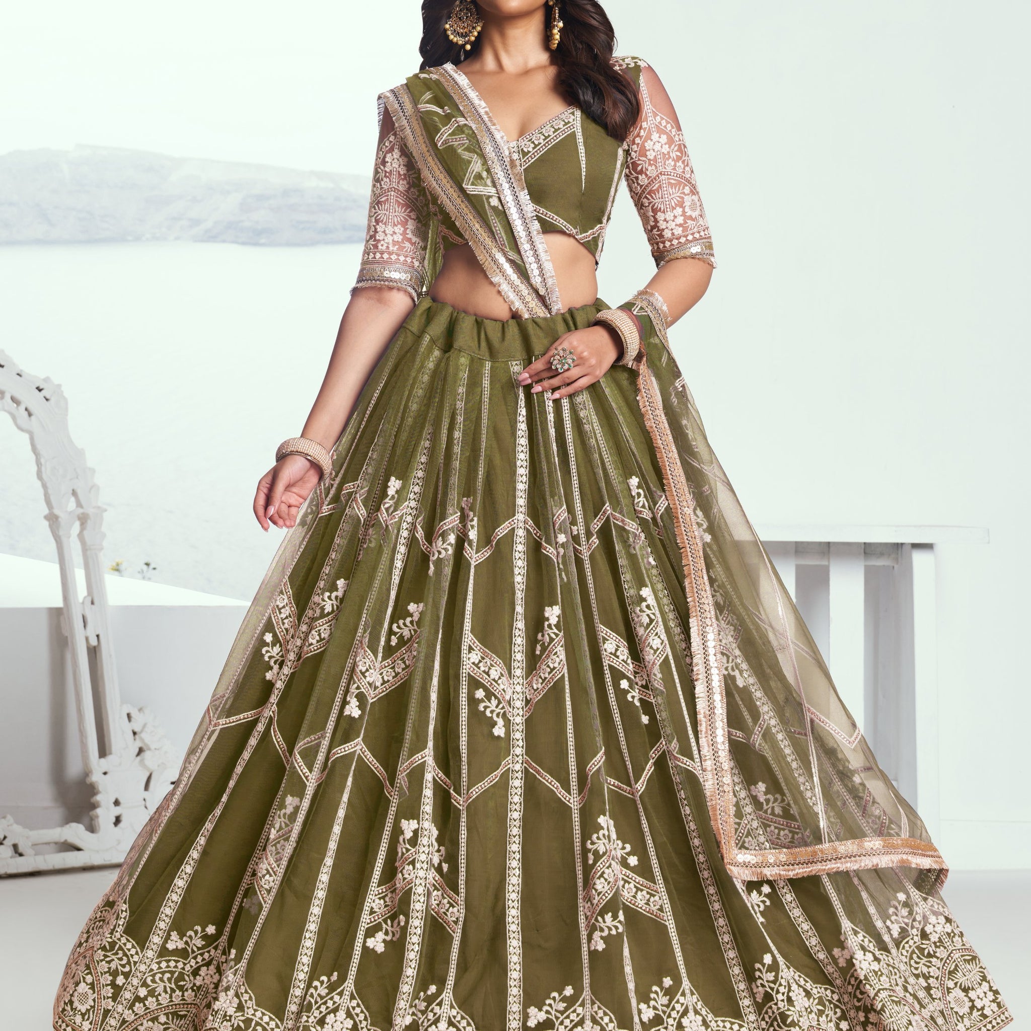 Alluring Olive Green Floral Embroidered Mehendi Wear Lehenga Choli