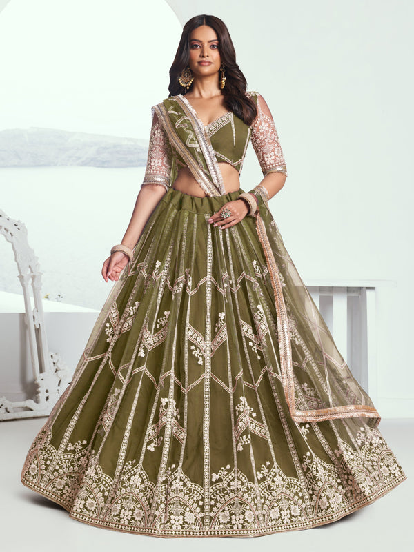 Alluring Olive Green Floral Embroidered Mehendi Wear Lehenga Choli