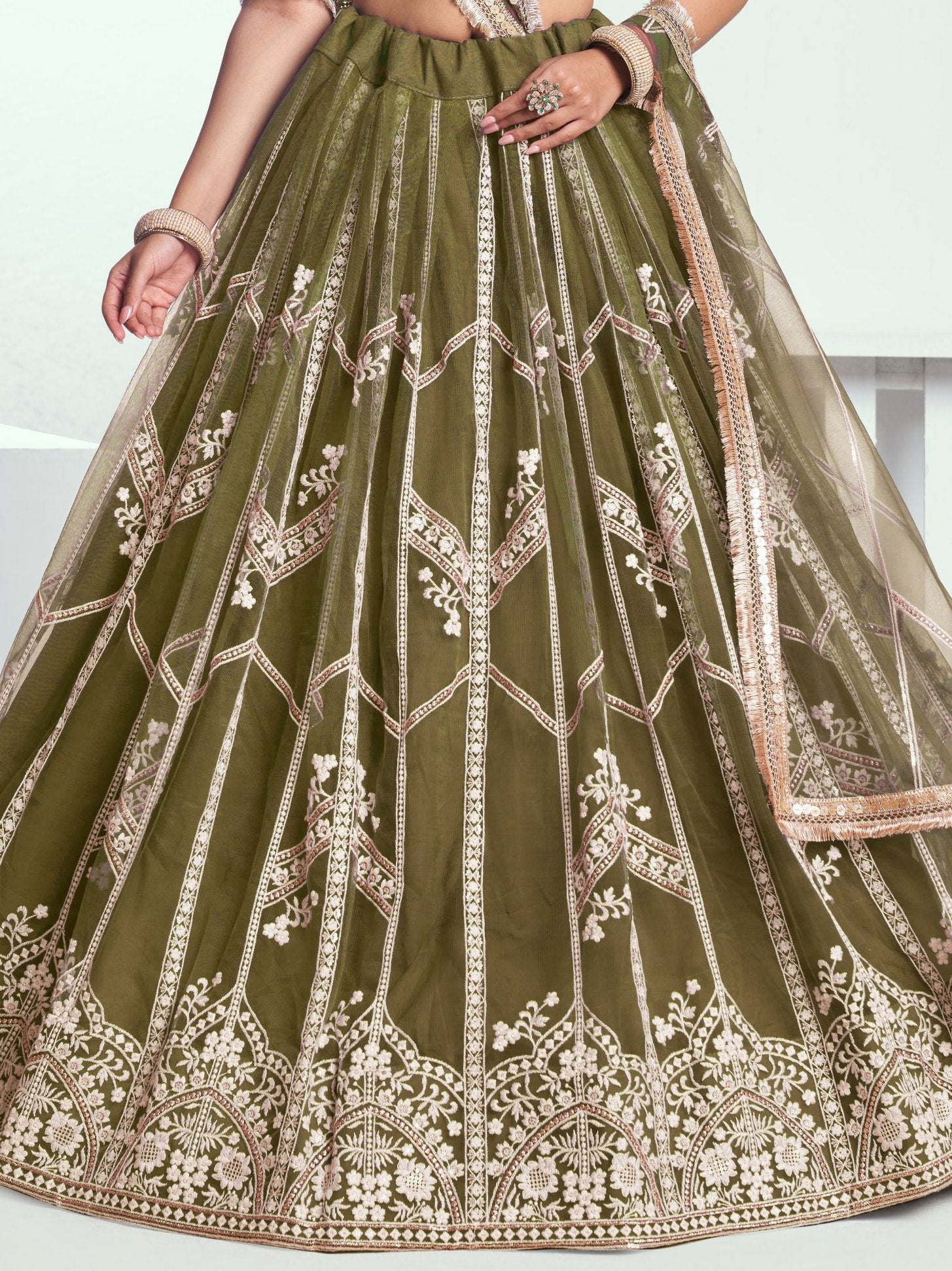 Alluring Olive Green Floral Embroidered Mehendi Wear Lehenga Choli