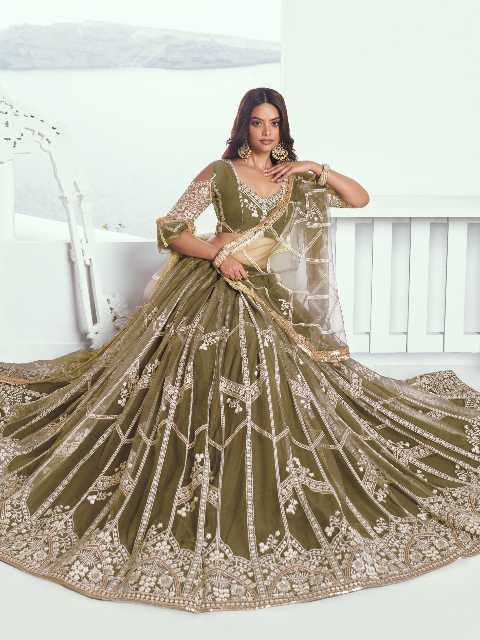 Alluring Olive Green Floral Embroidered Mehendi Wear Lehenga Choli