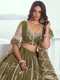 Alluring Olive Green Floral Embroidered Mehendi Wear Lehenga Choli