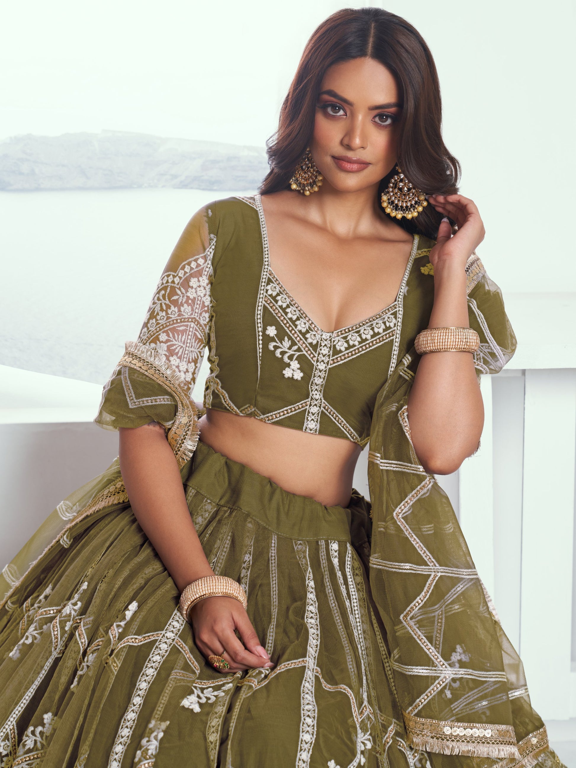 Alluring Olive Green Floral Embroidered Mehendi Wear Lehenga Choli