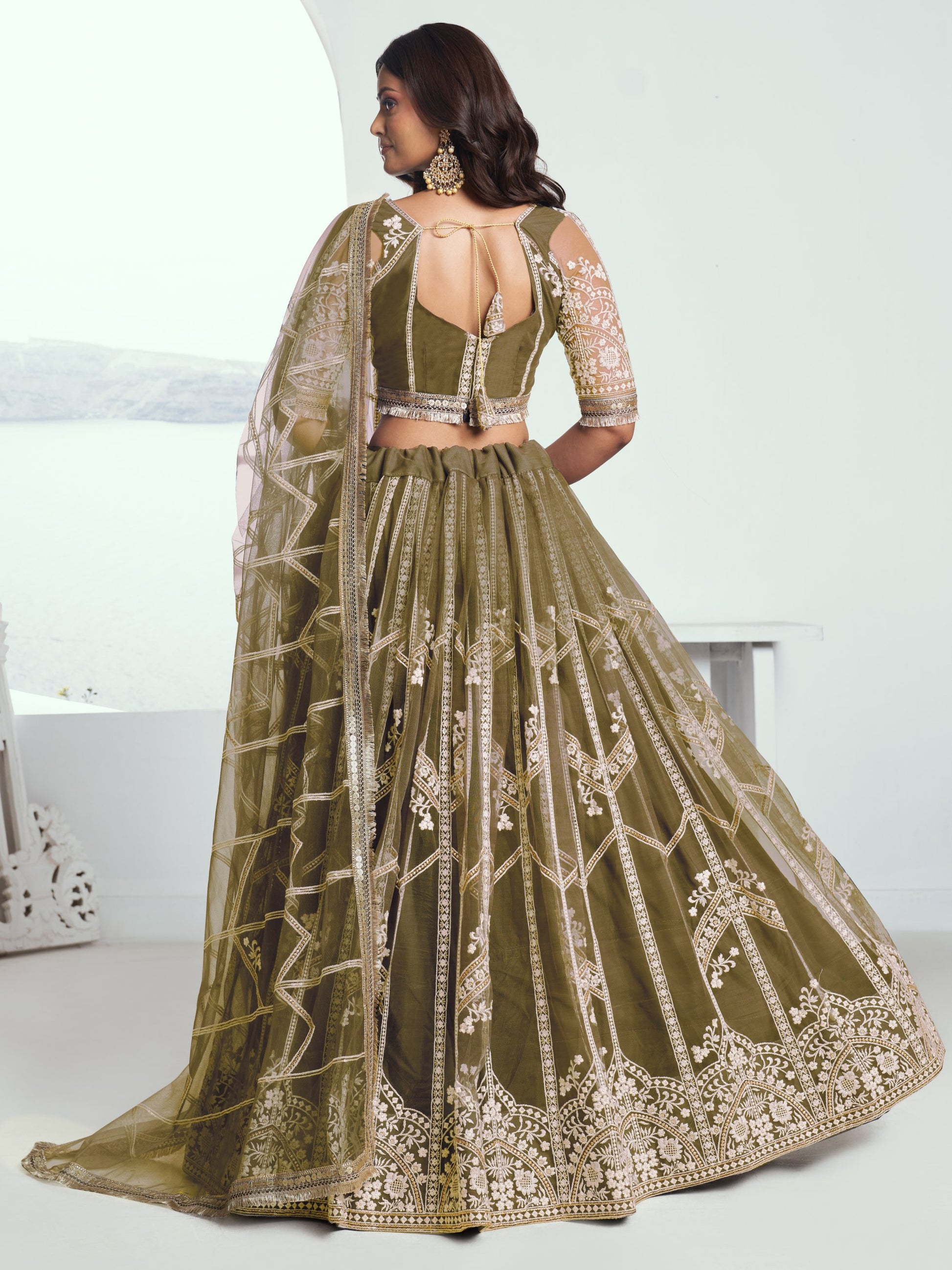 Alluring Olive Green Floral Embroidered Mehendi Wear Lehenga Choli