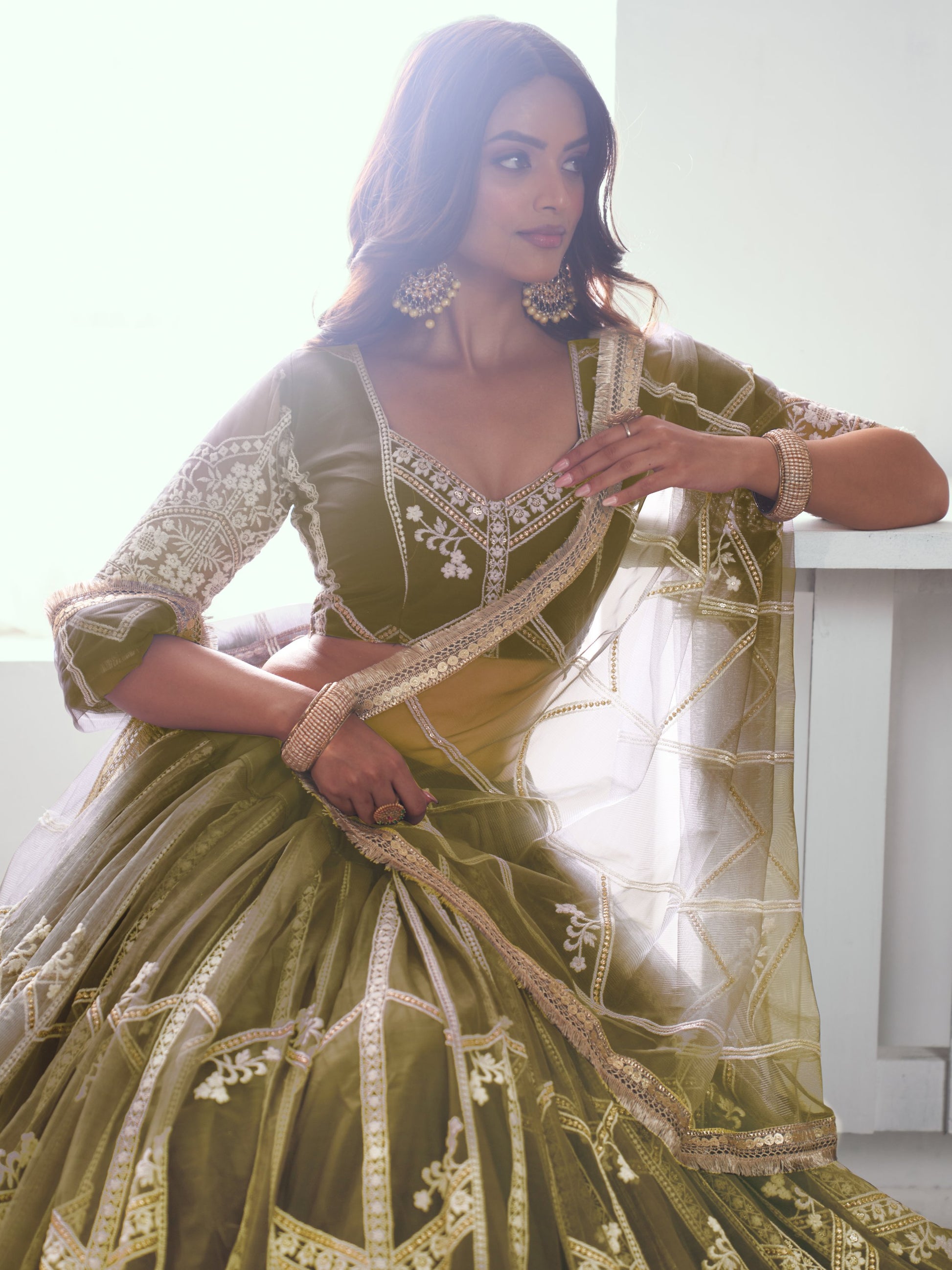 Alluring Olive Green Floral Embroidered Mehendi Wear Lehenga Choli