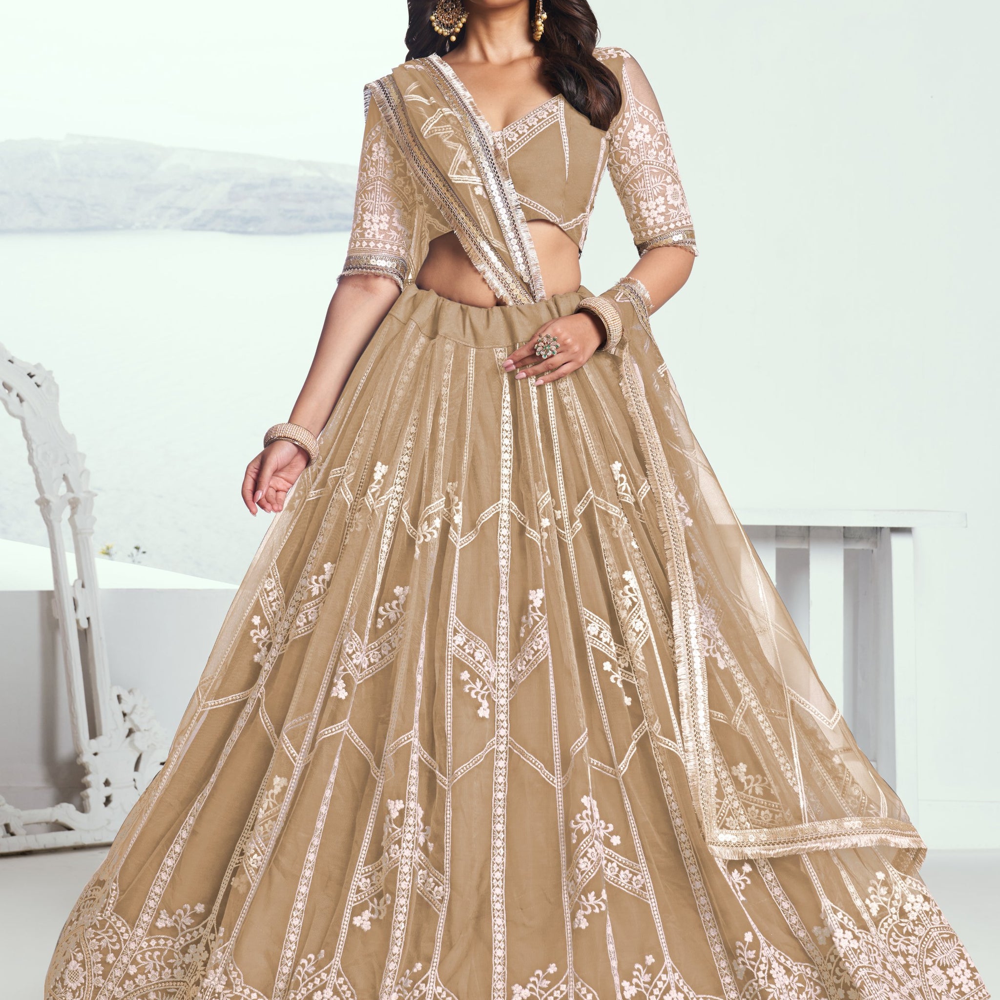 Beautiful Beige Thread Embroidered Party Wear Lehenga Choli