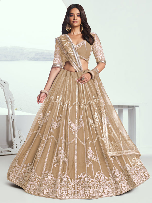 Beautiful Beige Thread Embroidered Party Wear Lehenga Choli