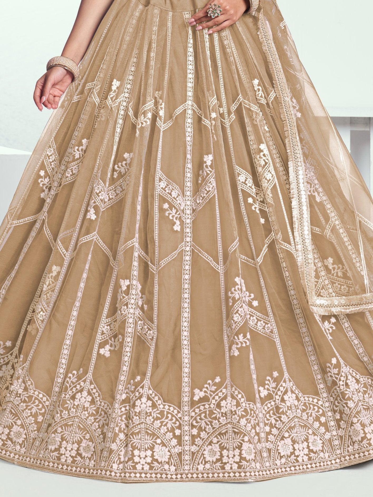 Beautiful Beige Thread Embroidered Party Wear Lehenga Choli