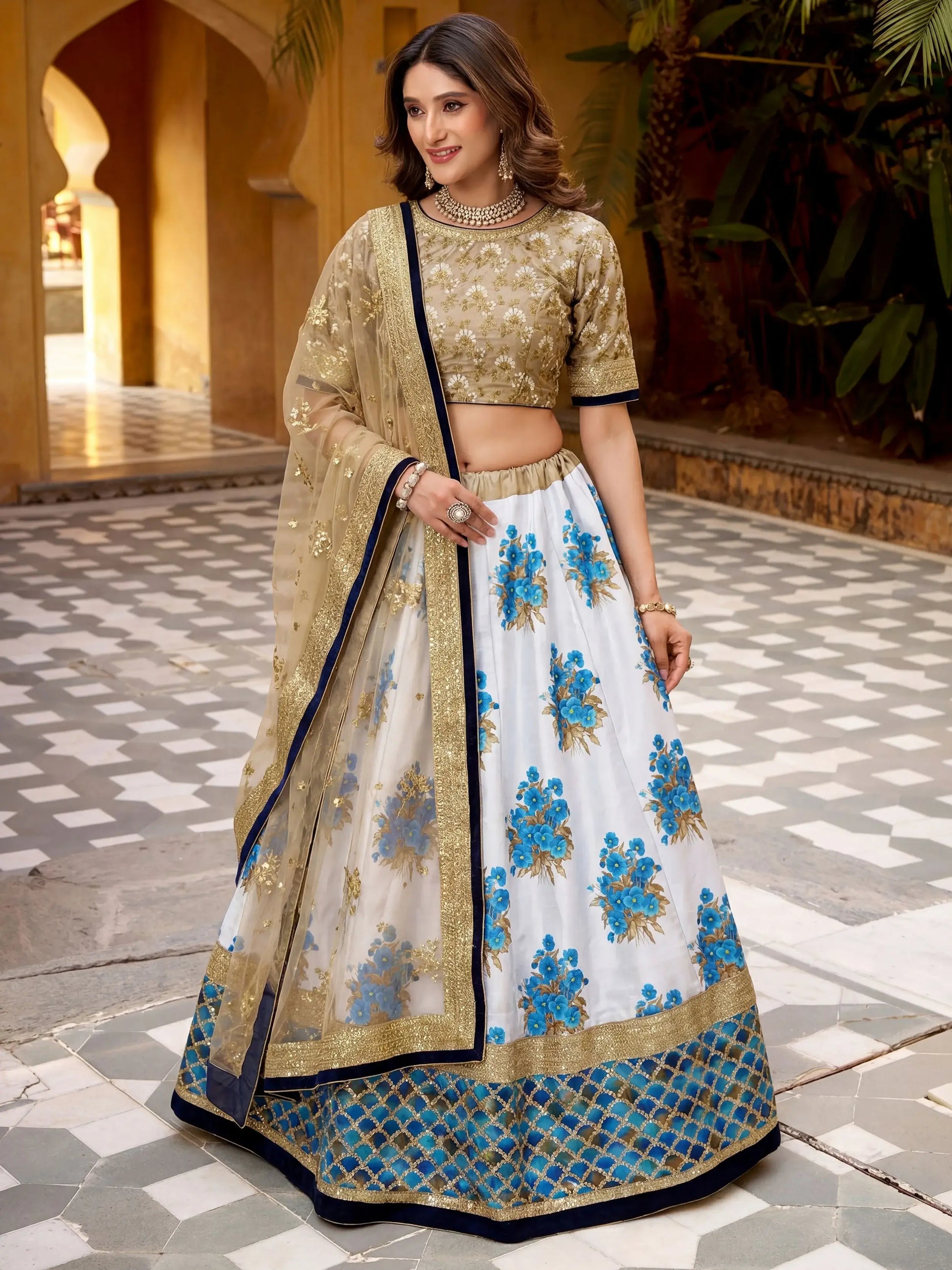 Regal Off-White Floral Printed Silk Sangeet Wear Lehenga Choli With Dupatta