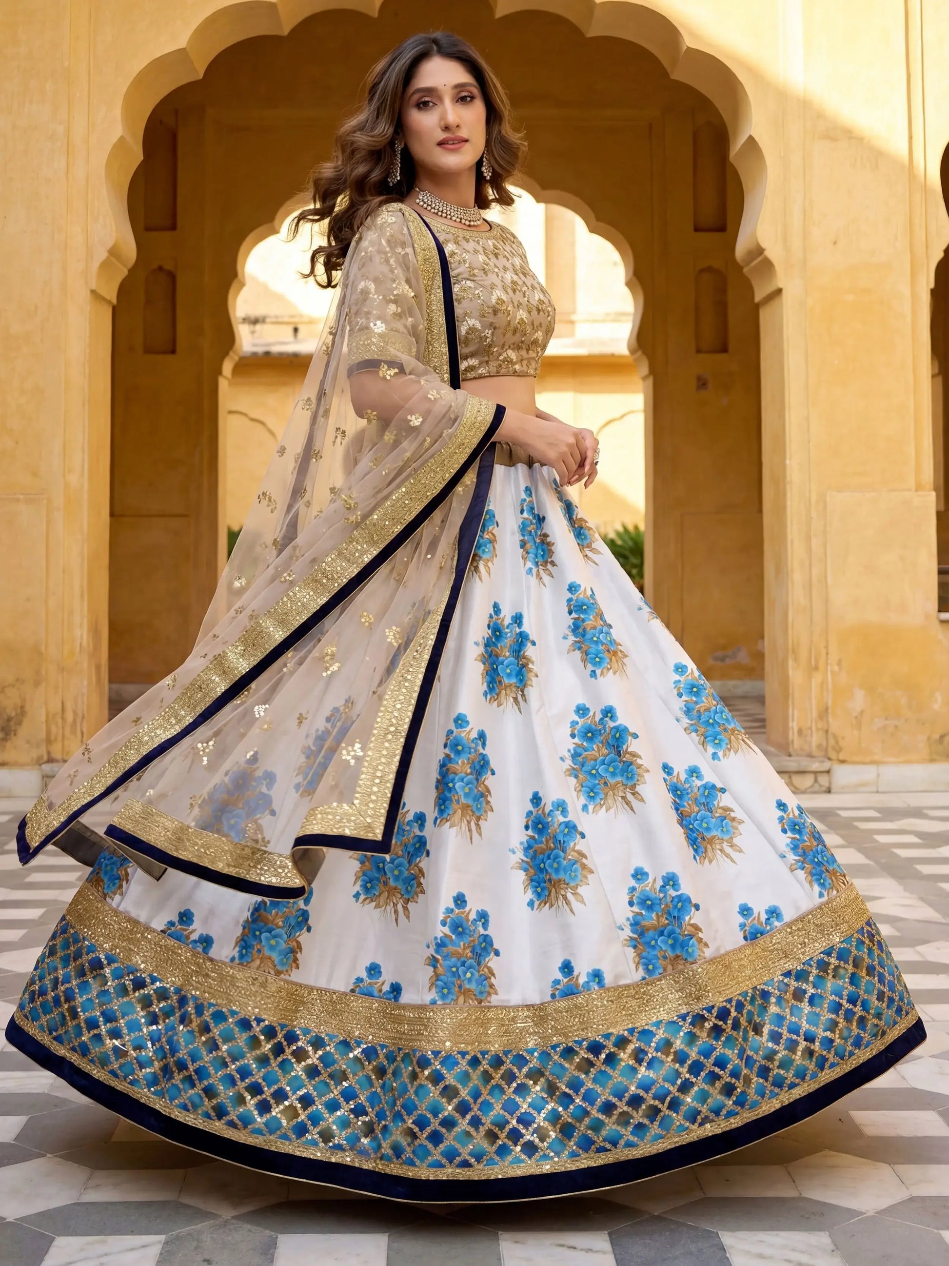Regal Off-White Floral Printed Silk Sangeet Wear Lehenga Choli With Dupatta
