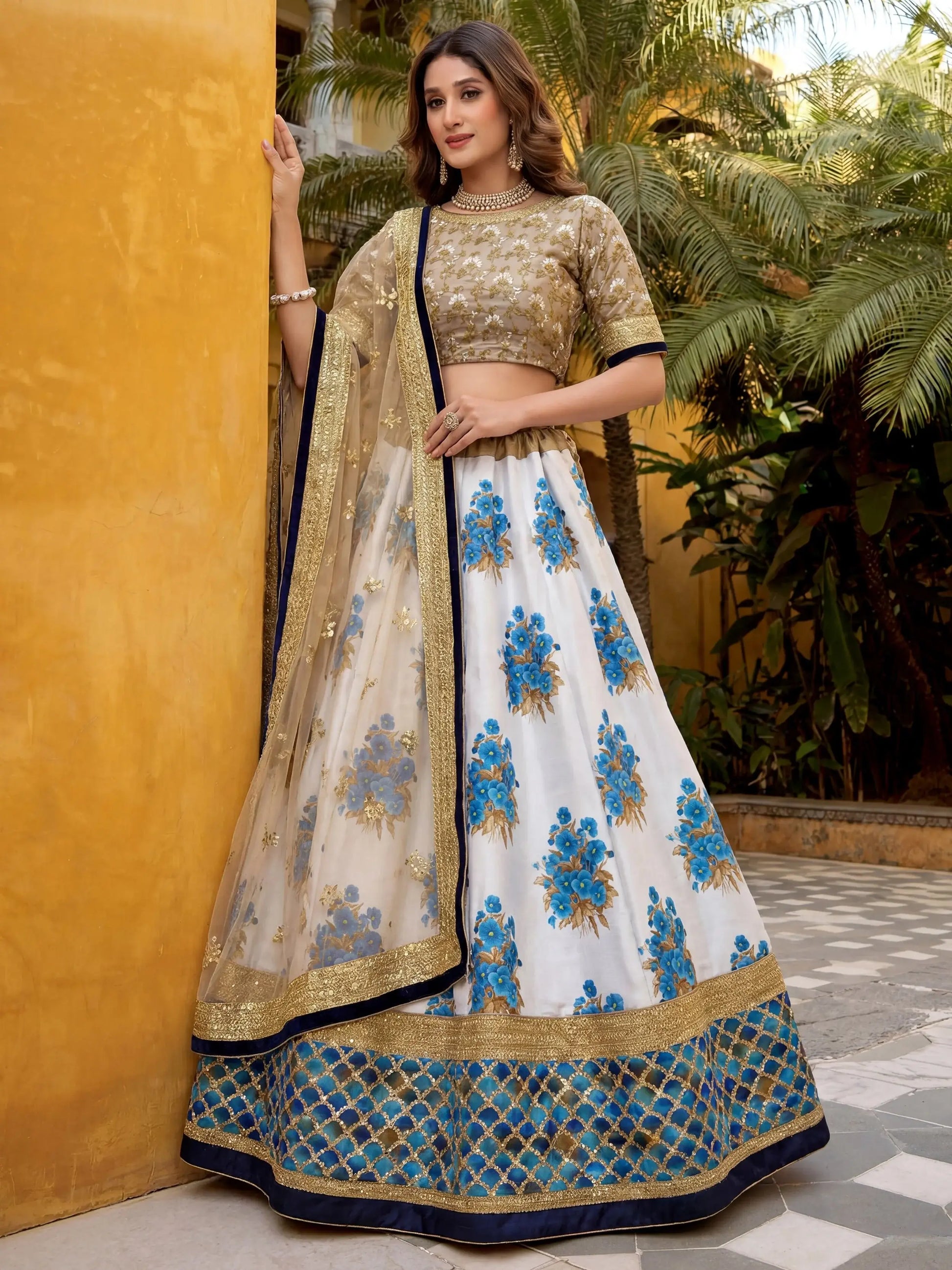 Regal Off-White Floral Printed Silk Sangeet Wear Lehenga Choli With Dupatta