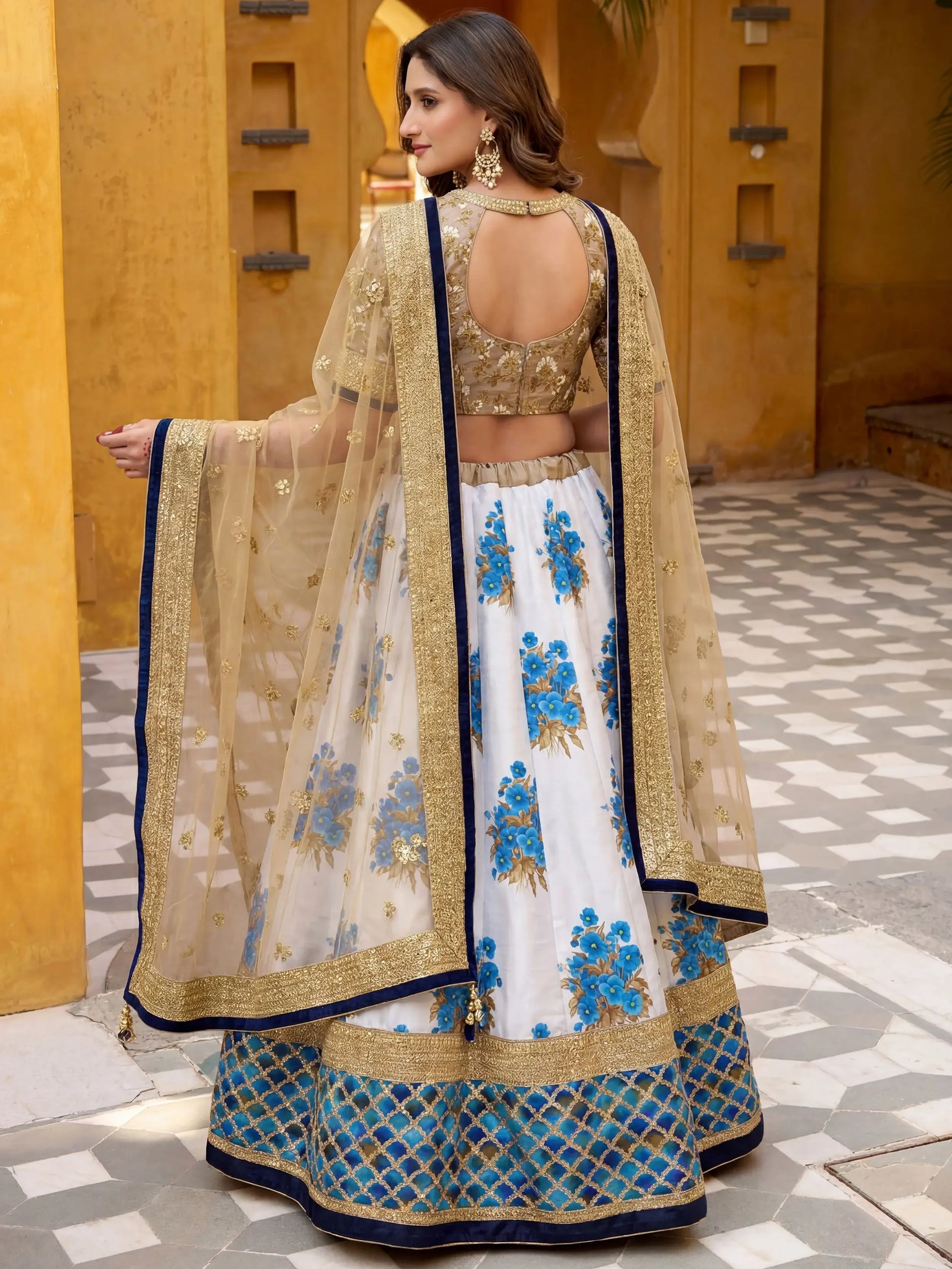 Regal Off-White Floral Printed Silk Sangeet Wear Lehenga Choli With Dupatta