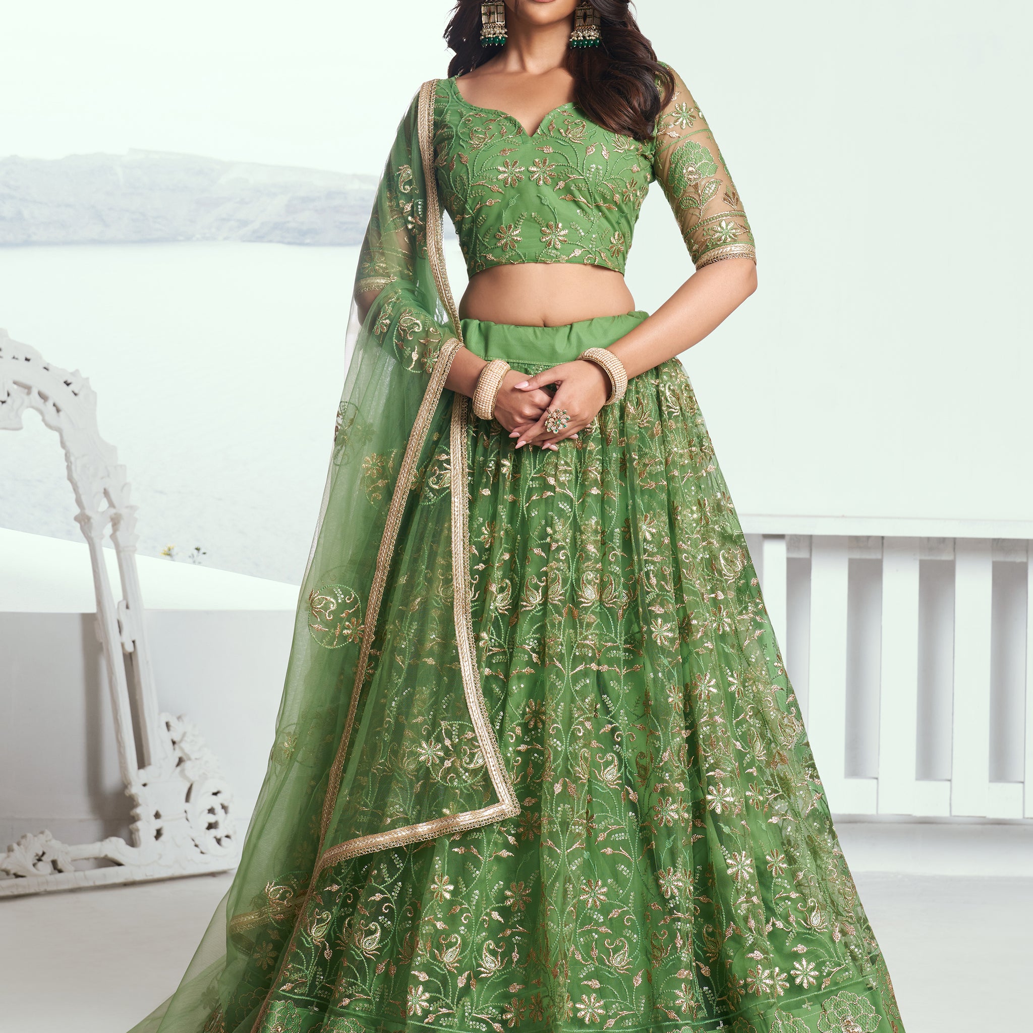 Gorgeous Green Sequins Net Mehendi Wear Lehenga Choli With Dupatta