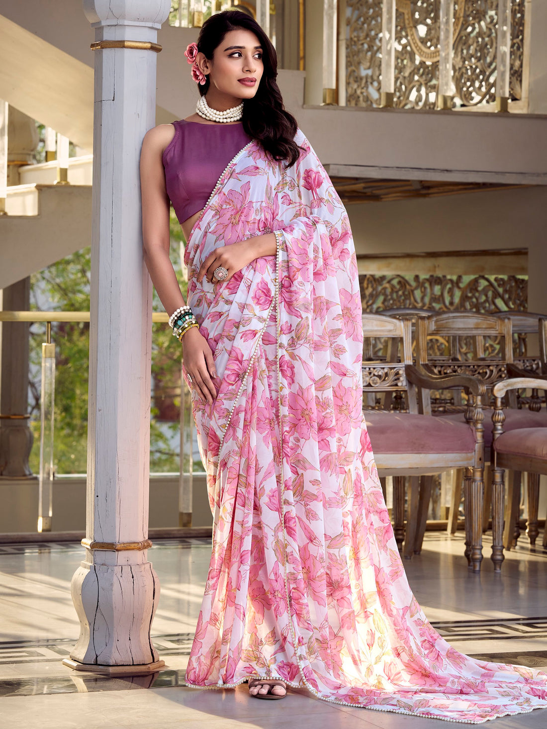 Captivating Light Pink Floral Printed Chiffon Casual Wear Saree