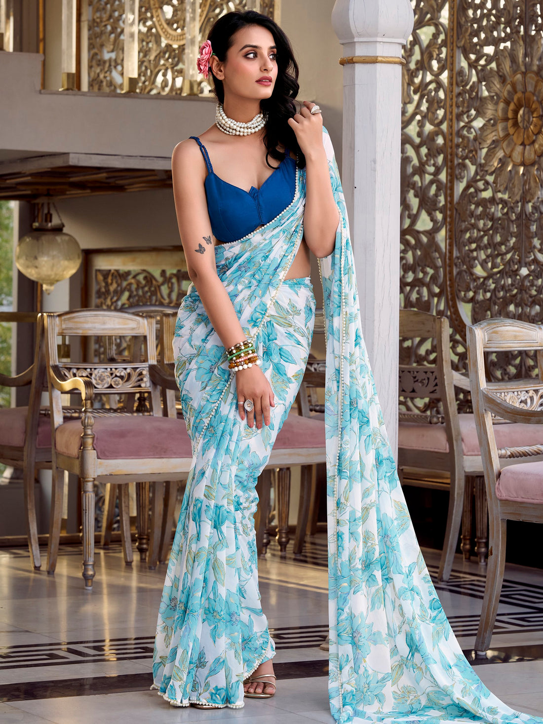 Attractive Sky Blue Floral Printed Chiffon Festive Wear Saree With Blouse