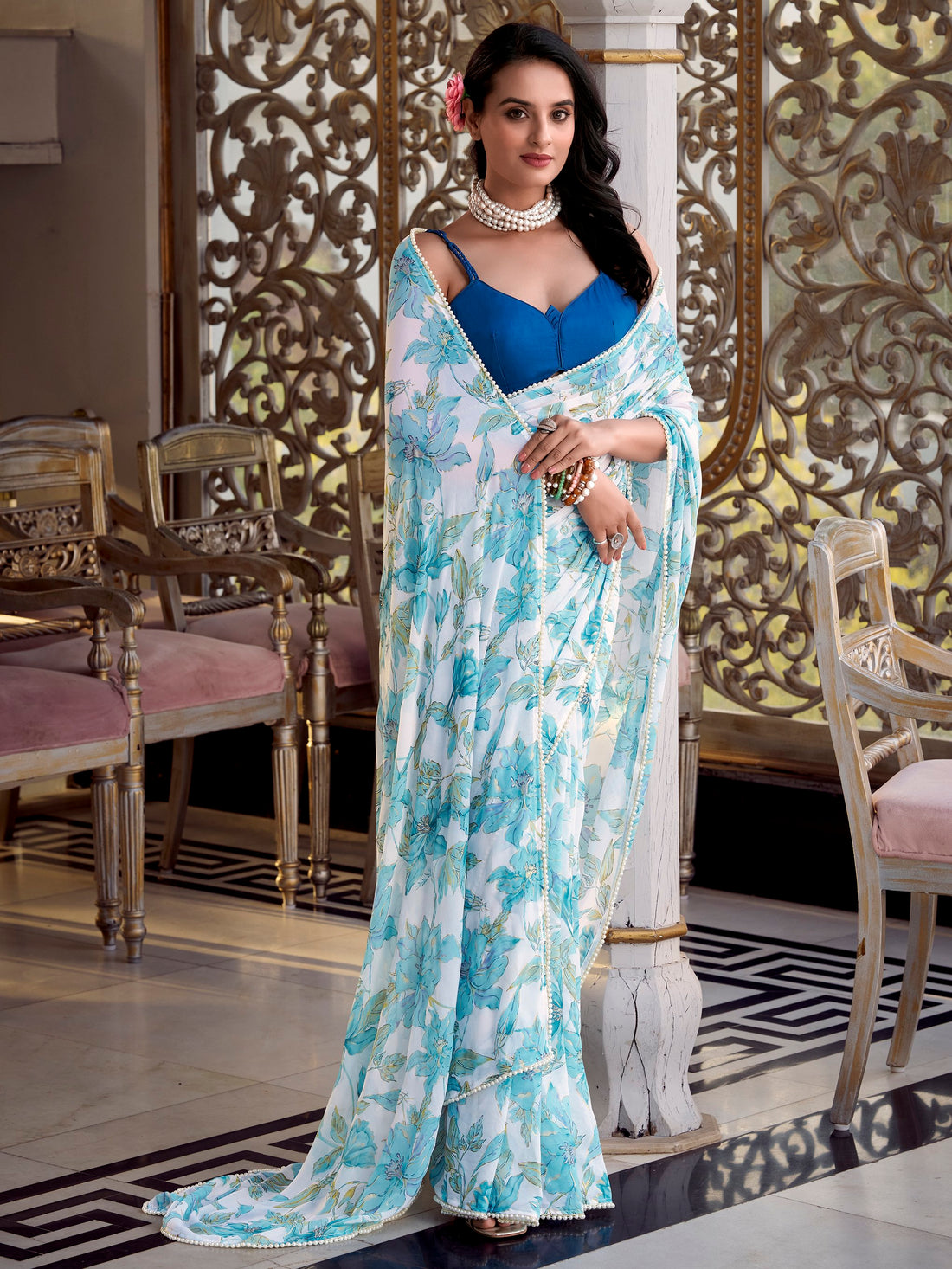 Attractive Sky Blue Floral Printed Chiffon Festive Wear Saree With Blouse