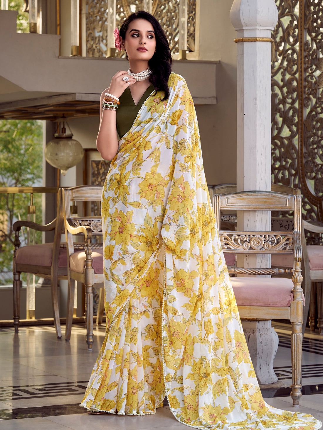 Graceful Yellow Floral Printed Chiffon Traditional Saree With Blouse