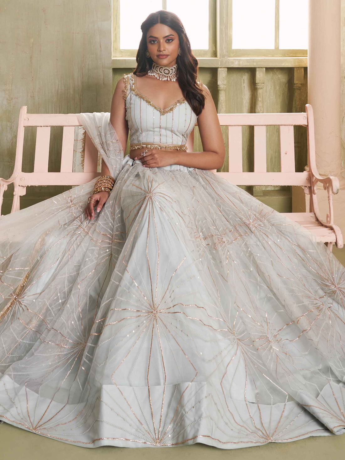 Incredible Light Grey Sequins Net Reception Wear Lehenga Choli