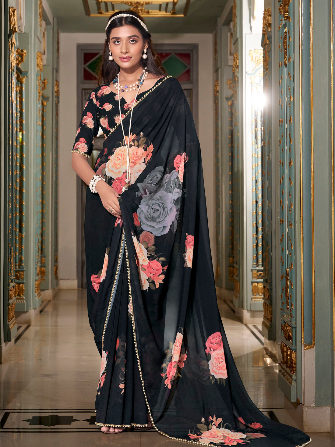 Glorious Black Digital Printed Georgette Evening Wear Saree With Blouse