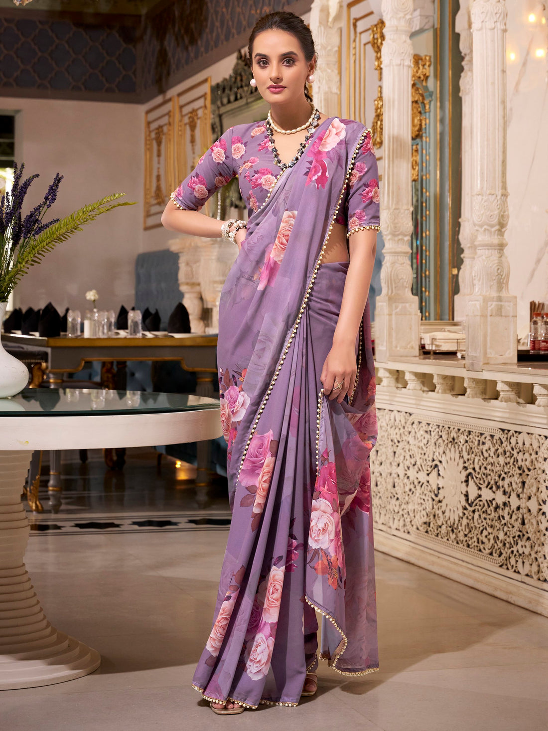 Alluring Grey Floral Printed Georgette Event Wear Saree With Blouse