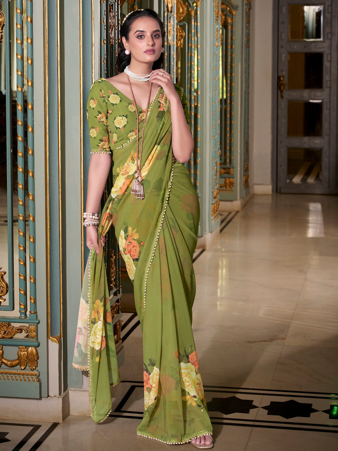 Graceful Mehendi Green Floral Printed Georgette Wedding Wear Saree