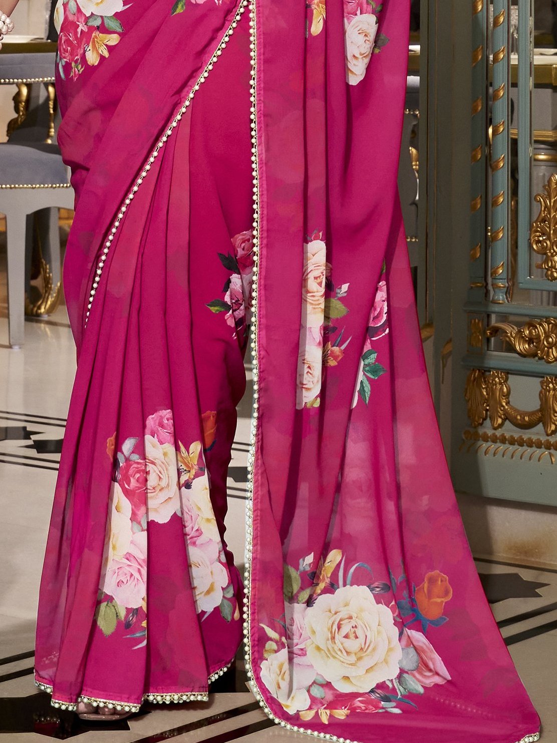 Elegant Hot Pink Floral Printed Georgette Event Wear Saree With Blouse