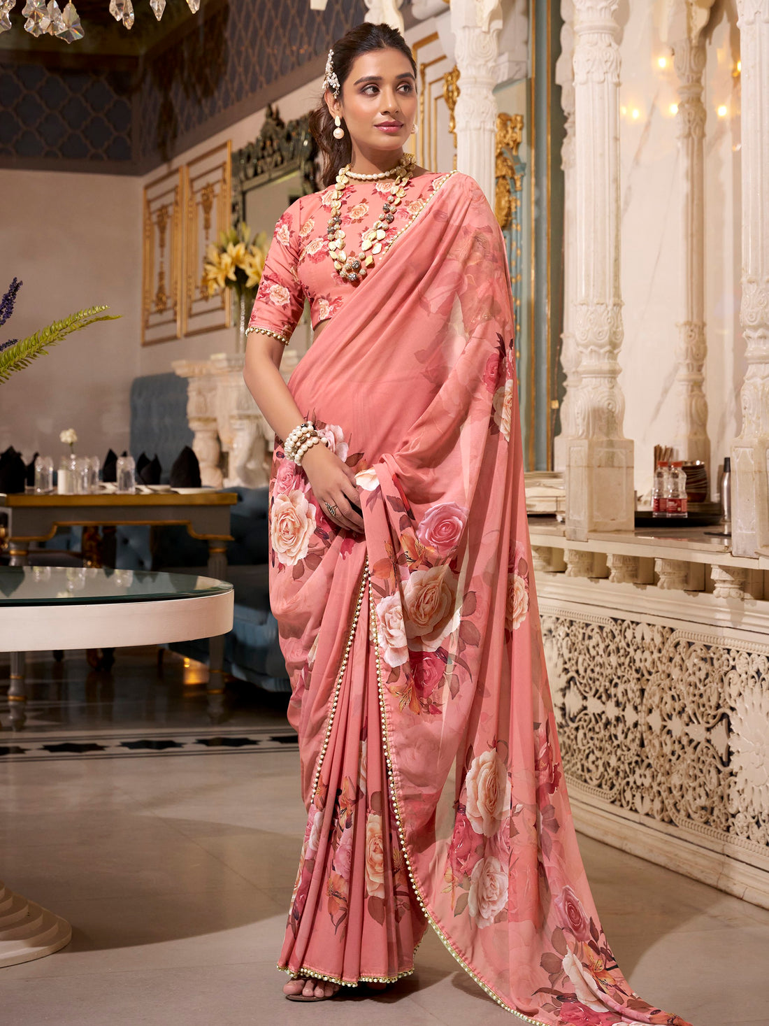 Magnificent Orange Digital Printed Georgette Casual Wear Saree With Blouse