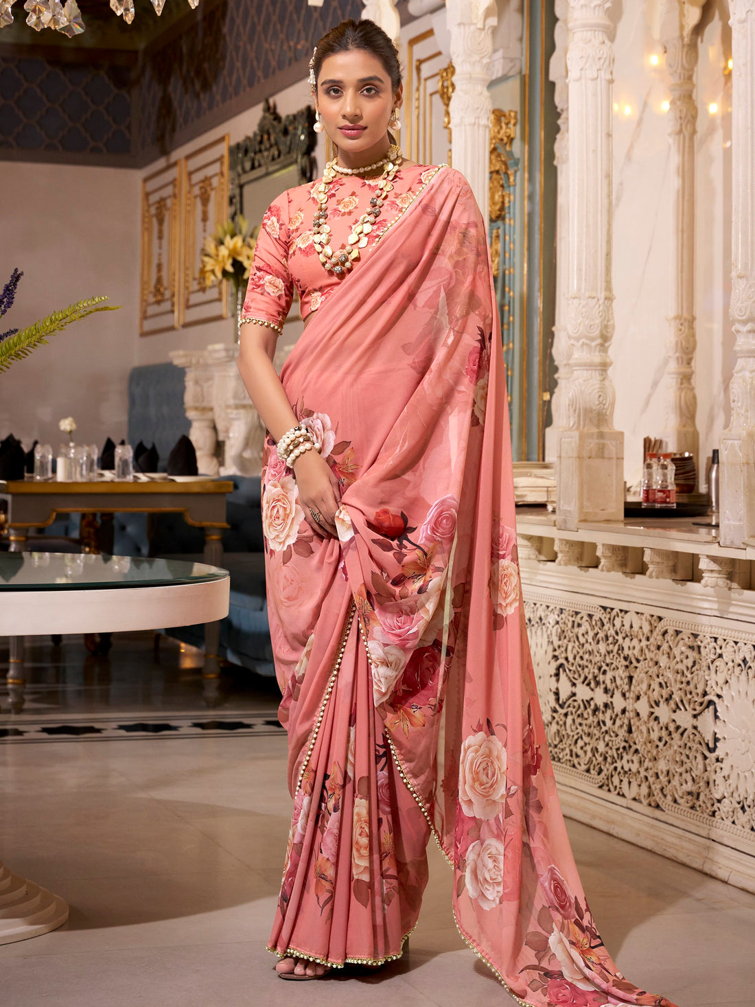 Magnificent Orange Digital Printed Georgette Casual Wear Saree With Blouse