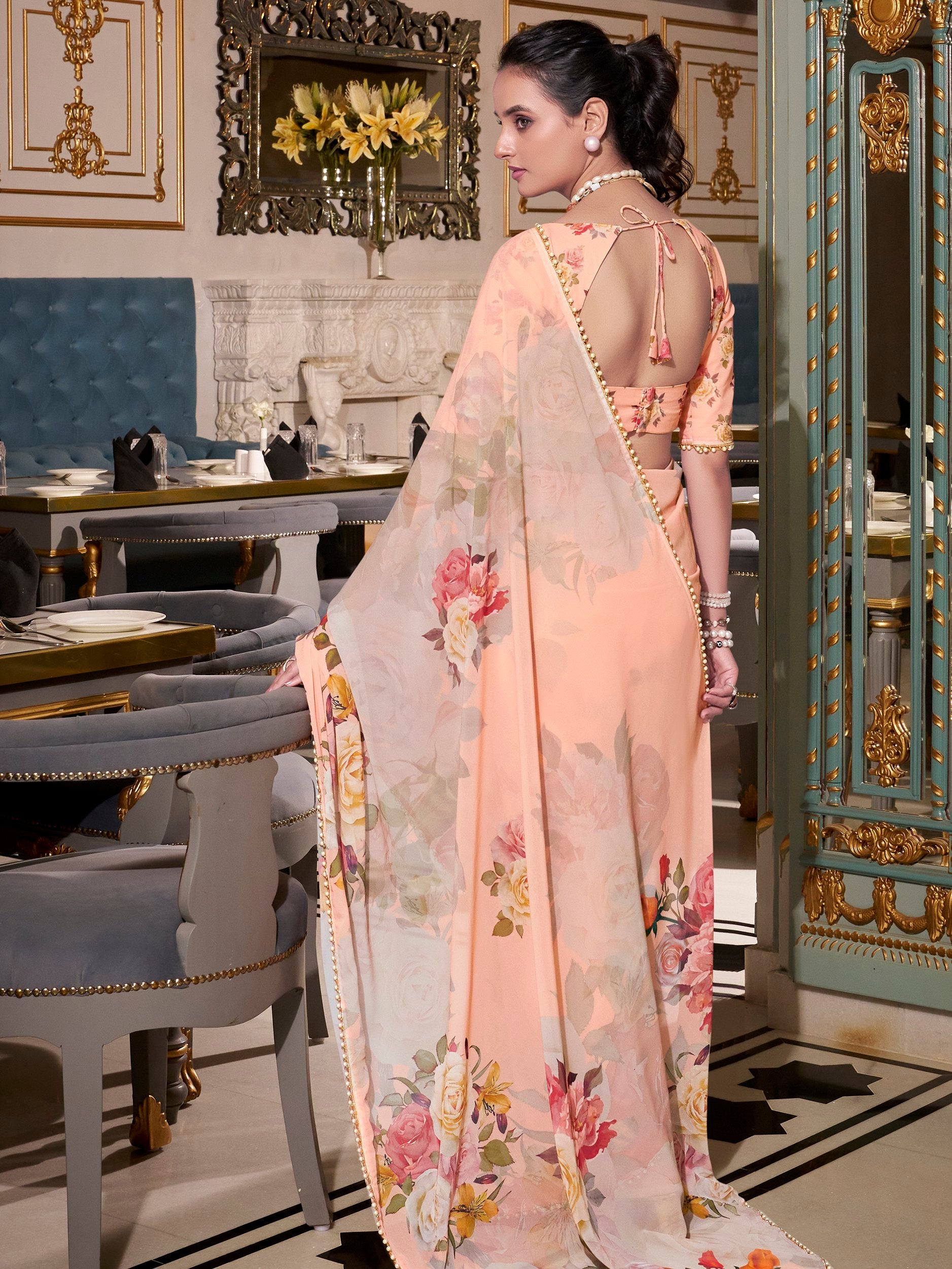 Amazing Peach Floral Printed Georgette Festive Wear Saree With Blouse