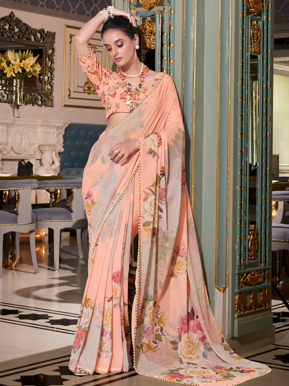 Amazing Peach Floral Printed Georgette Festive Wear Saree With Blouse