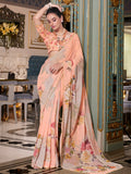 Amazing Peach Floral Printed Georgette Festive Wear Saree With Blouse