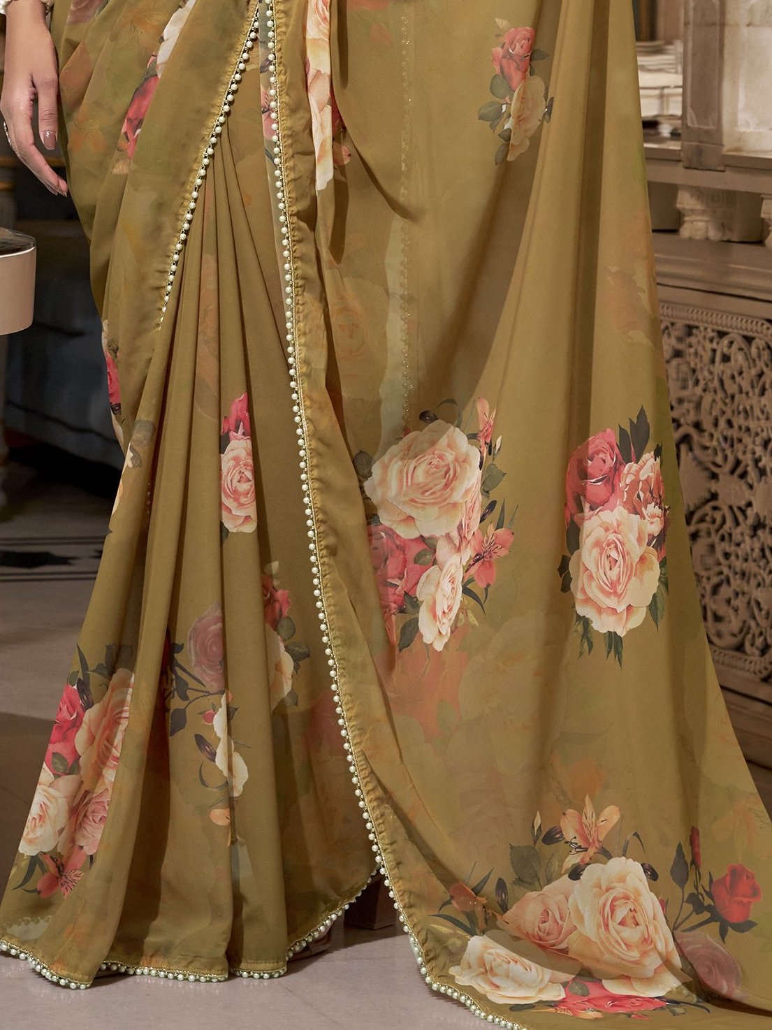 Charming Brown Digital Printed Georgette Casual Wear Saree With Blouse