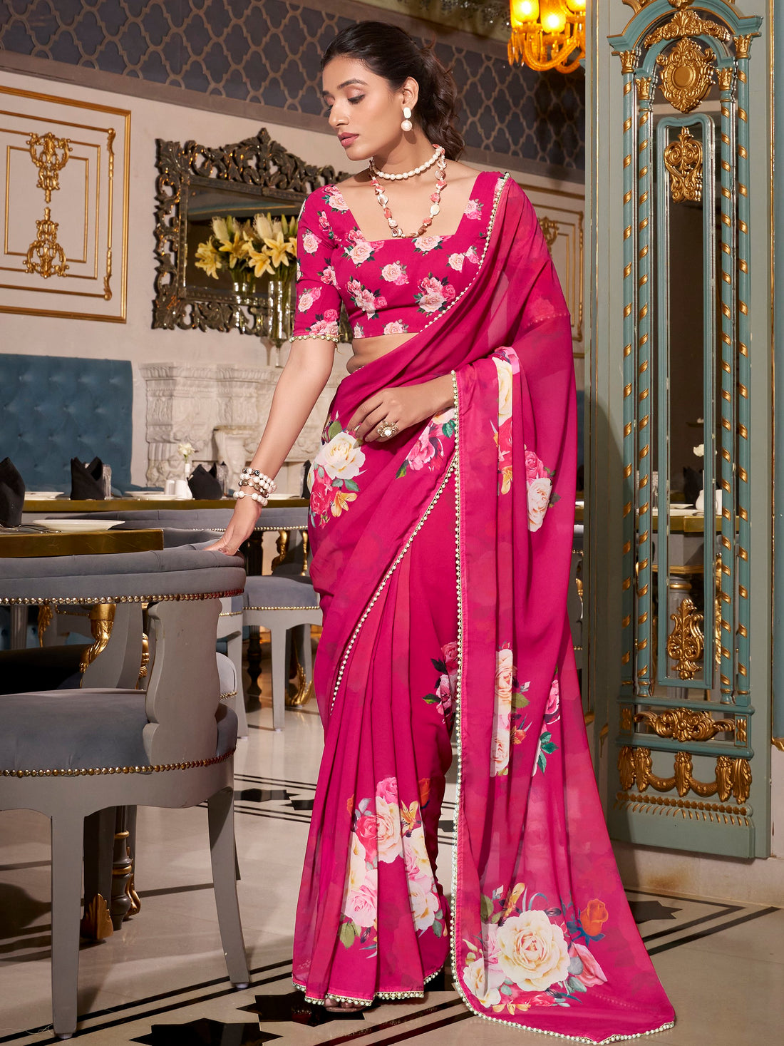 Elegant Hot Pink Floral Printed Georgette Event Wear Saree With Blouse
