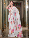 Captivating White Floral Printed Georgette Festive Wear Saree With Blouse
