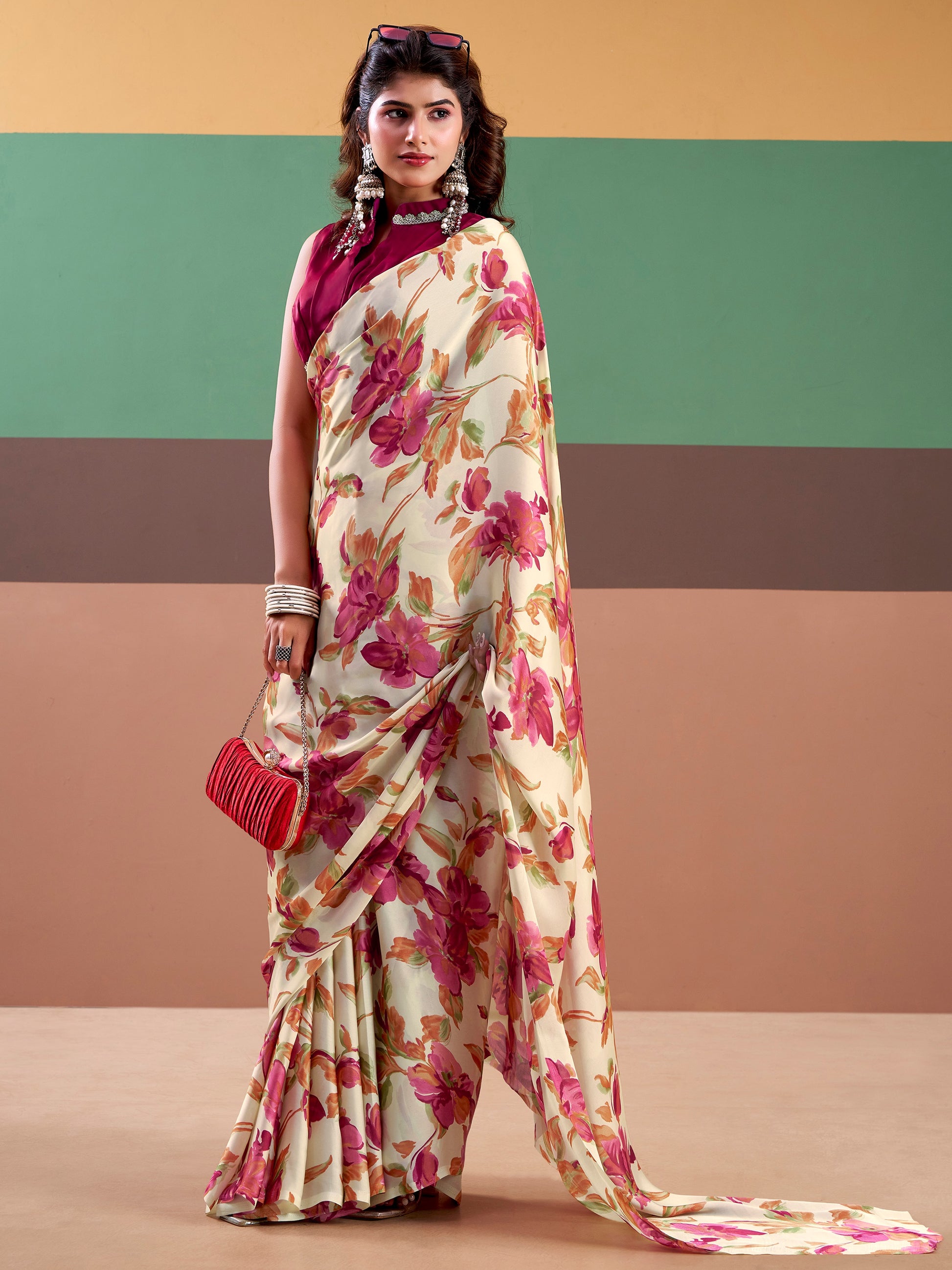 Gorgeous Magenta Floral Printed Satin Event Wear Saree With Blouse