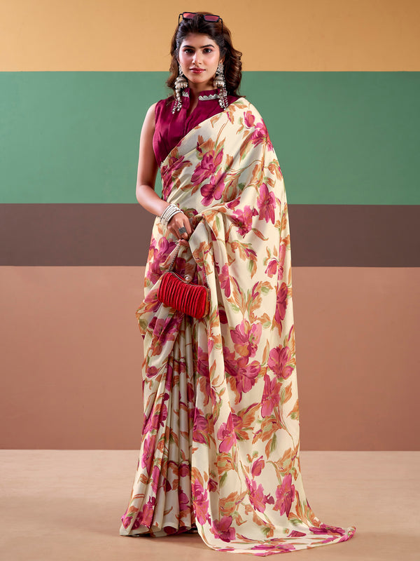 Gorgeous Magenta Floral Printed Satin Event Wear Saree With Blouse