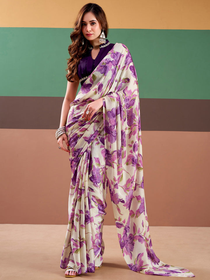 Captivating Purple Printed Satin Casual Wear Saree With Blouse