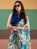 Precious Navy Blue Floral Printed Satin Office Wear Saree With Blouse