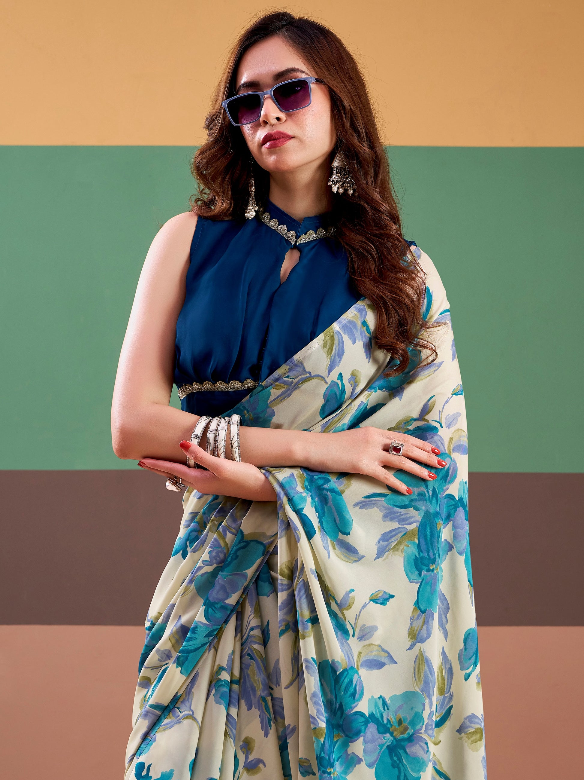 Precious Navy Blue Floral Printed Satin Office Wear Saree With Blouse
