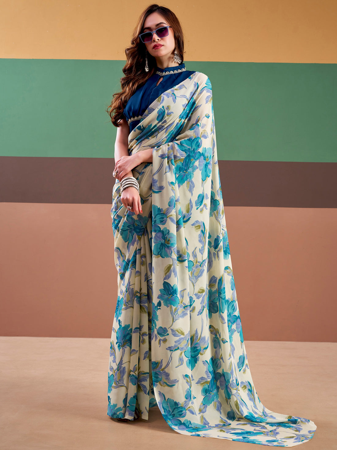 Precious Navy Blue Floral Printed Satin Office Wear Saree With Blouse