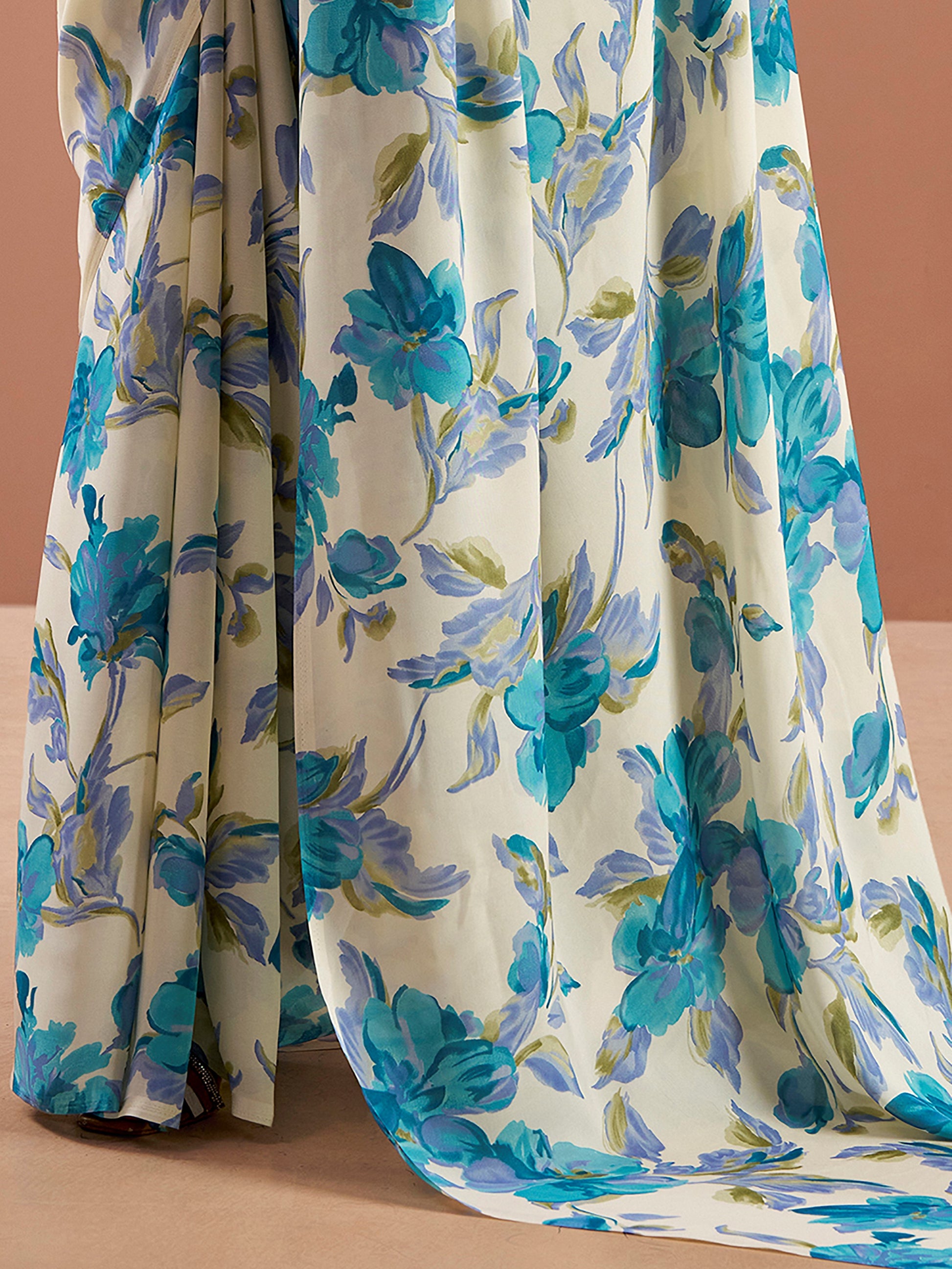 Precious Navy Blue Floral Printed Satin Office Wear Saree With Blouse