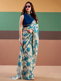 Precious Navy Blue Floral Printed Satin Office Wear Saree With Blouse