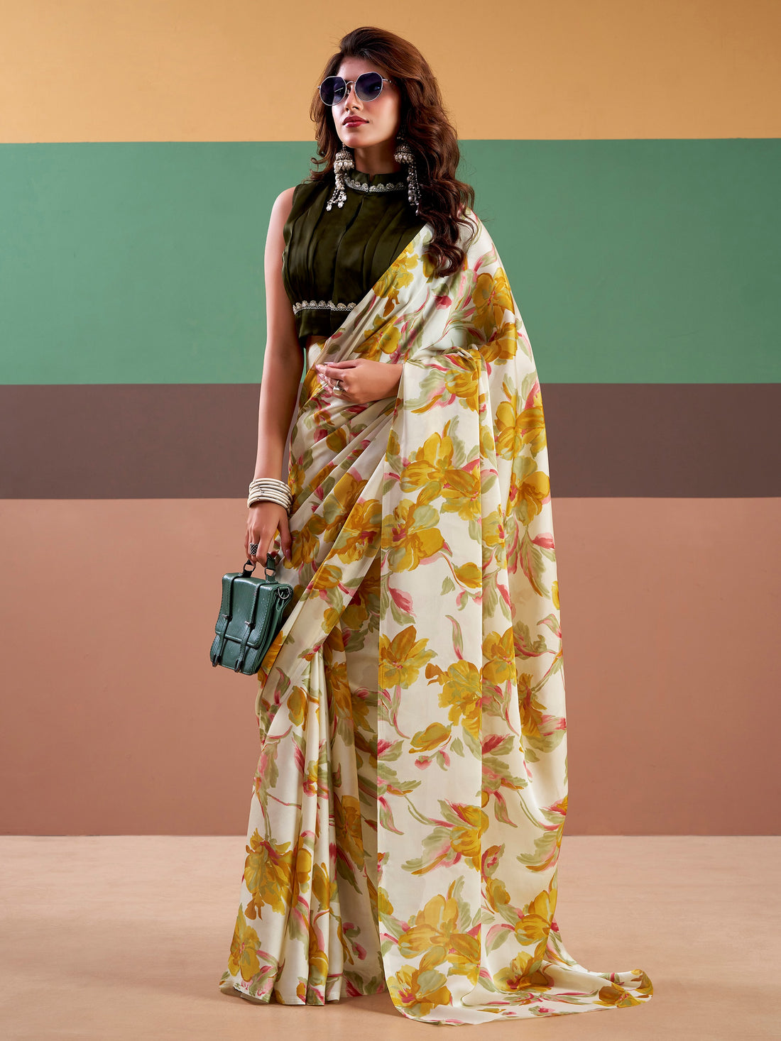 Stunning Olive Green Printed Satin Festival Wear Saree With Blouse