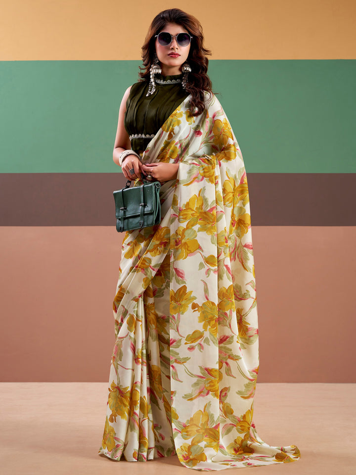 Stunning Yellow Printed Satin Festival Wear Saree With Blouse