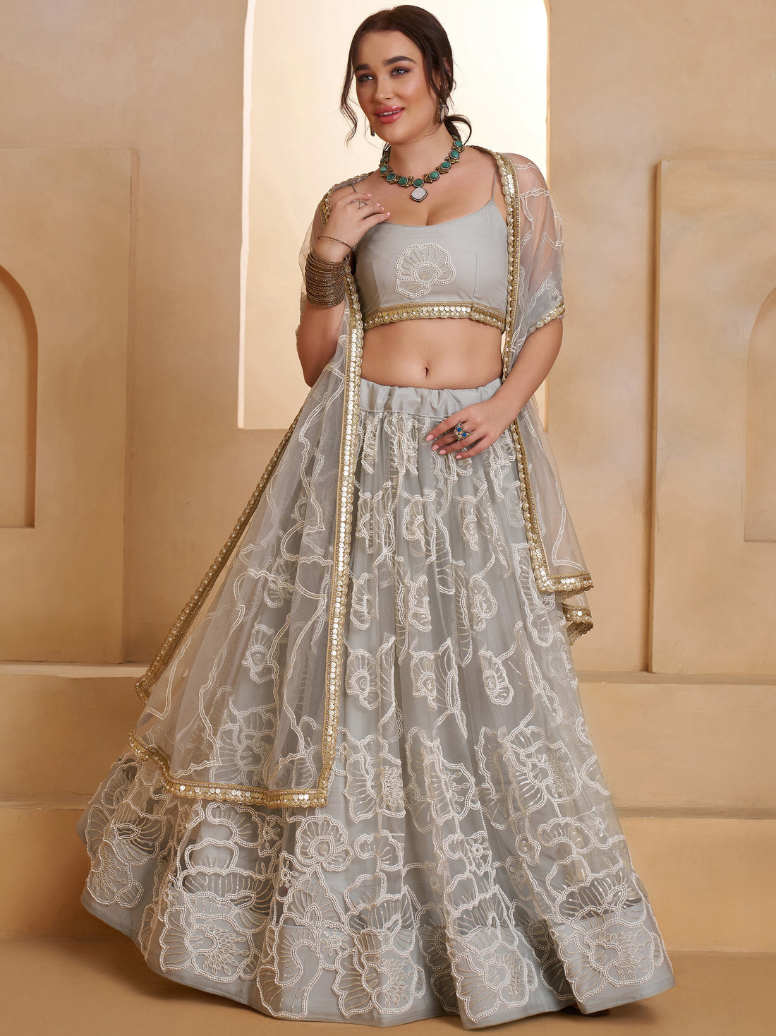 Spectacular Light Grey Sequins Net Bridesmaid Lehenga Choli