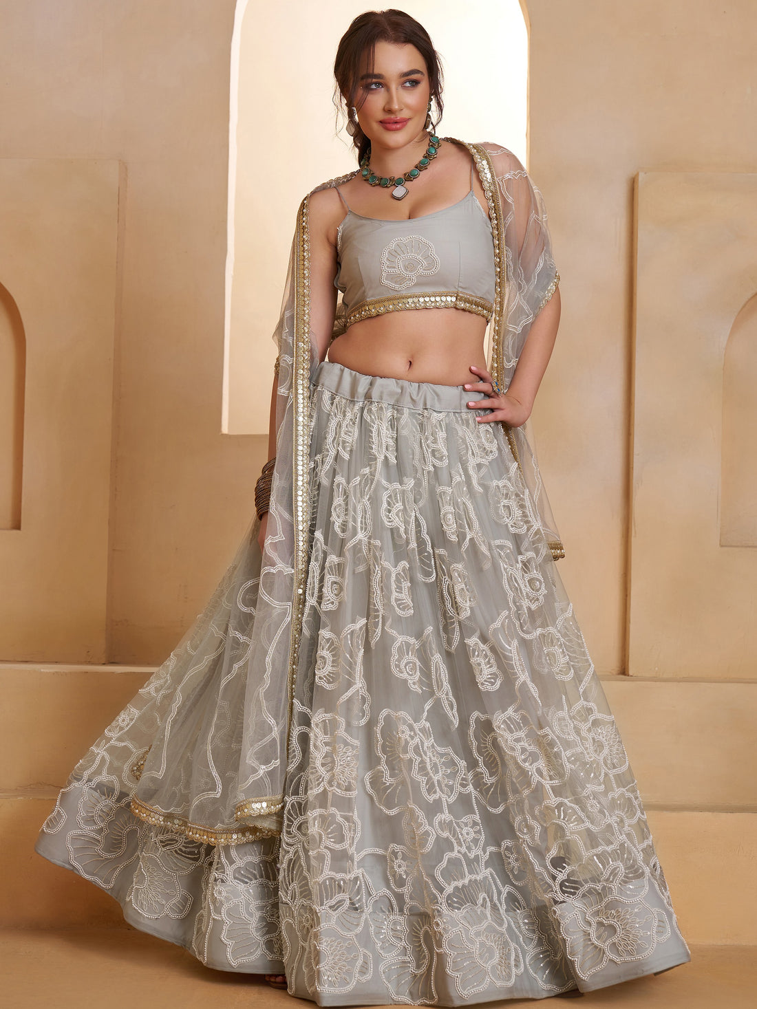Spectacular Light Grey Sequins Net Bridesmaid Lehenga Choli
