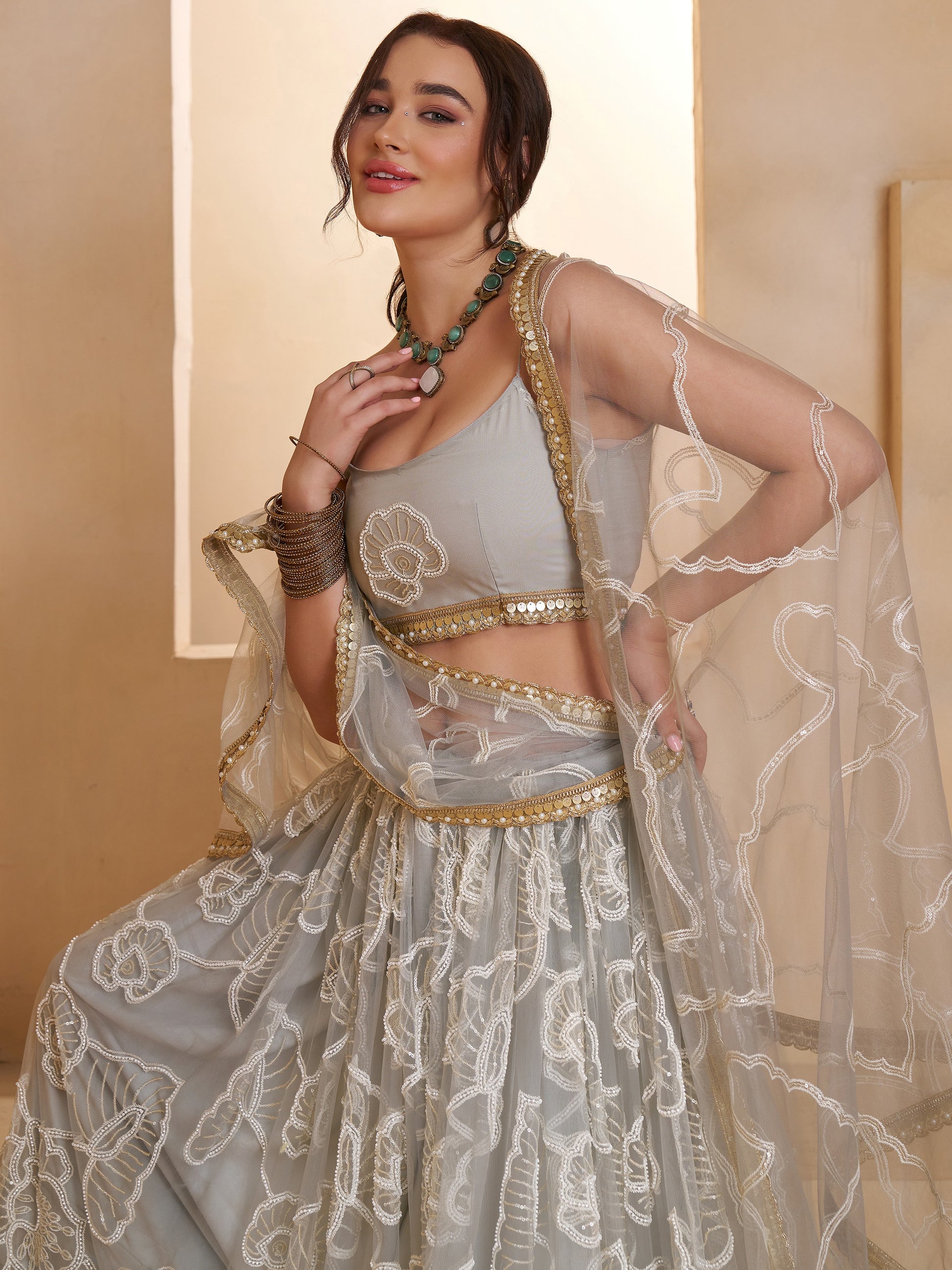 Spectacular Light Grey Sequins Net Bridesmaid Lehenga Choli